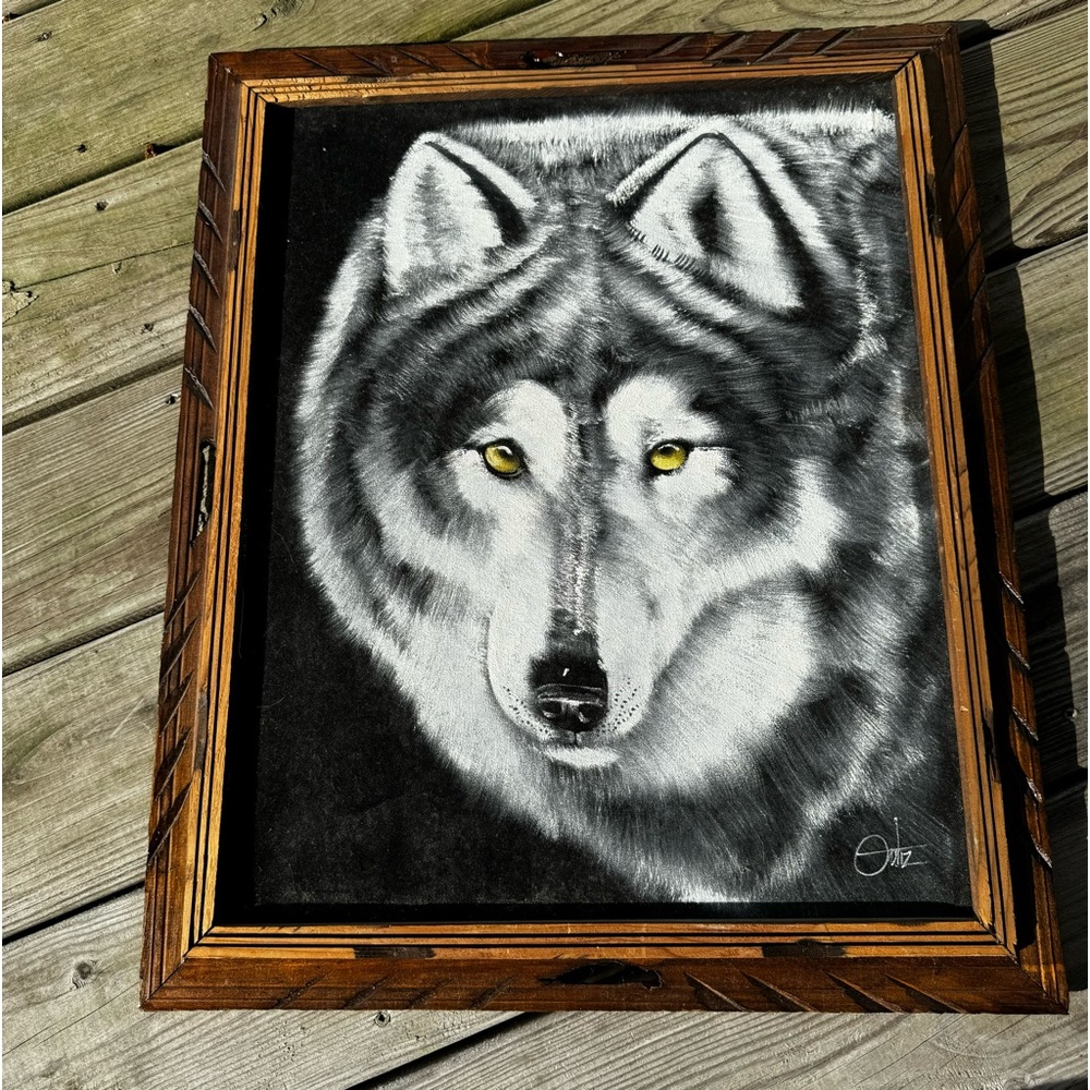 Vintage Original Ortiz Velvet Wolf Framed Oil Painting